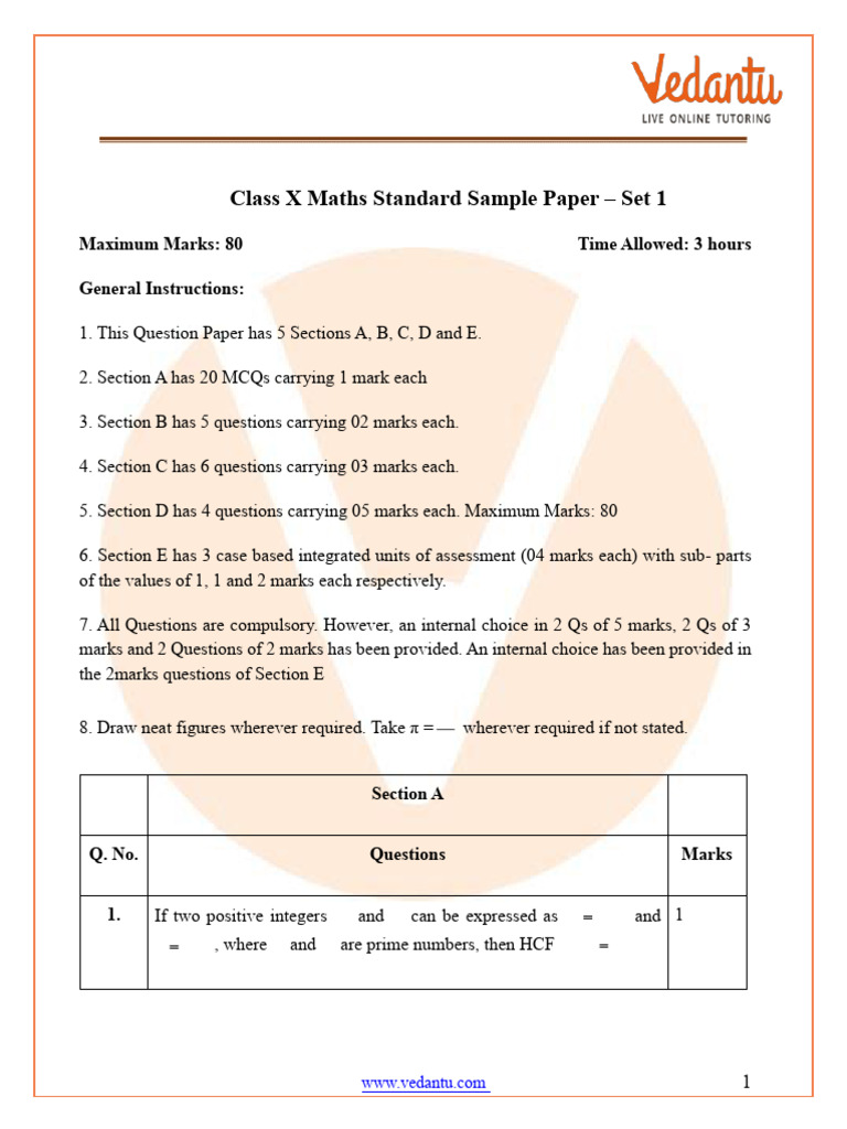Class 10 Maths (Standard) Sample Paper Set 1 (2024-25) FREE PDF | PDF ...
