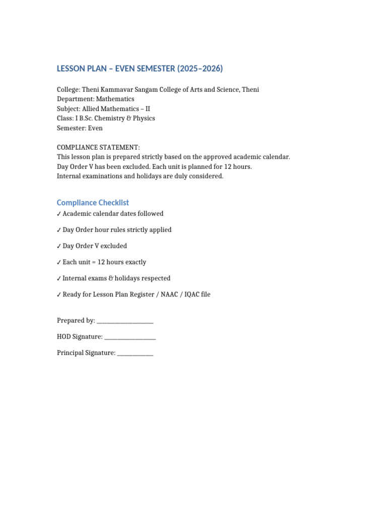 Allied Mathematics II Lesson Plan Even Sem 2025 26 | PDF