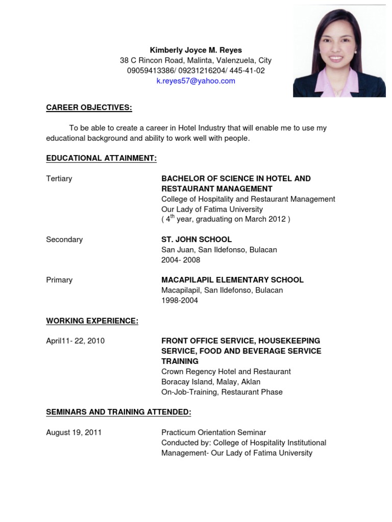 hotel resume format pdf free download india