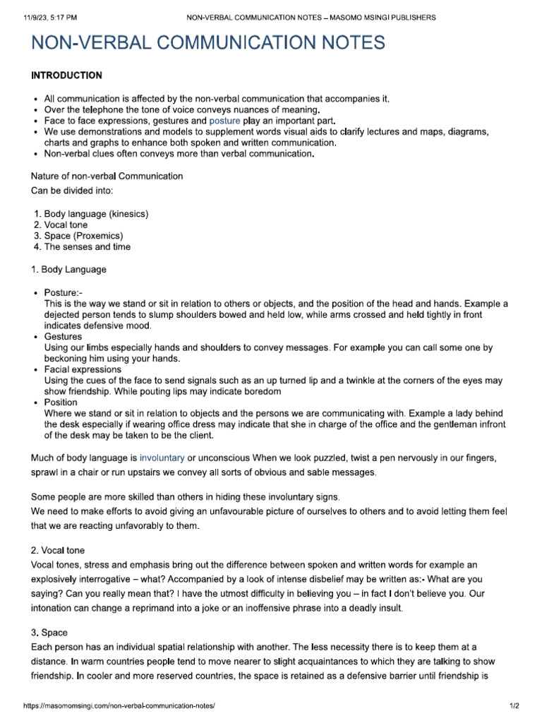 Non-Verbal Communication Notes – Masomo Msingi Publishers | PDF