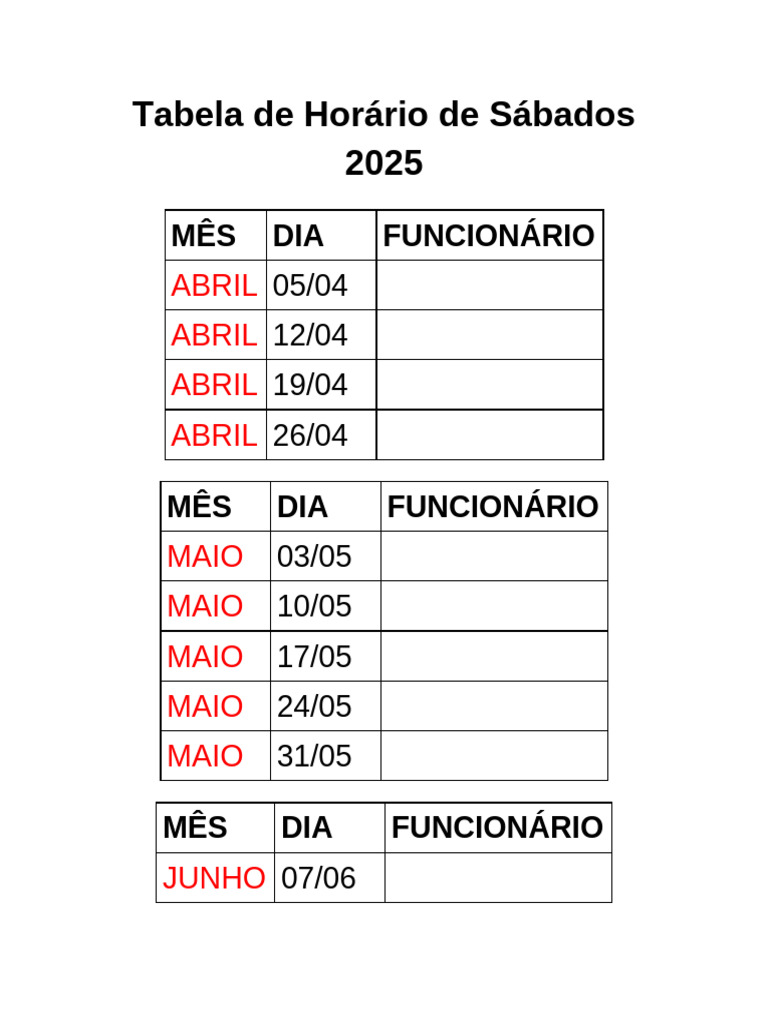 Tabela de Horário de Sábados 2025 | PDF