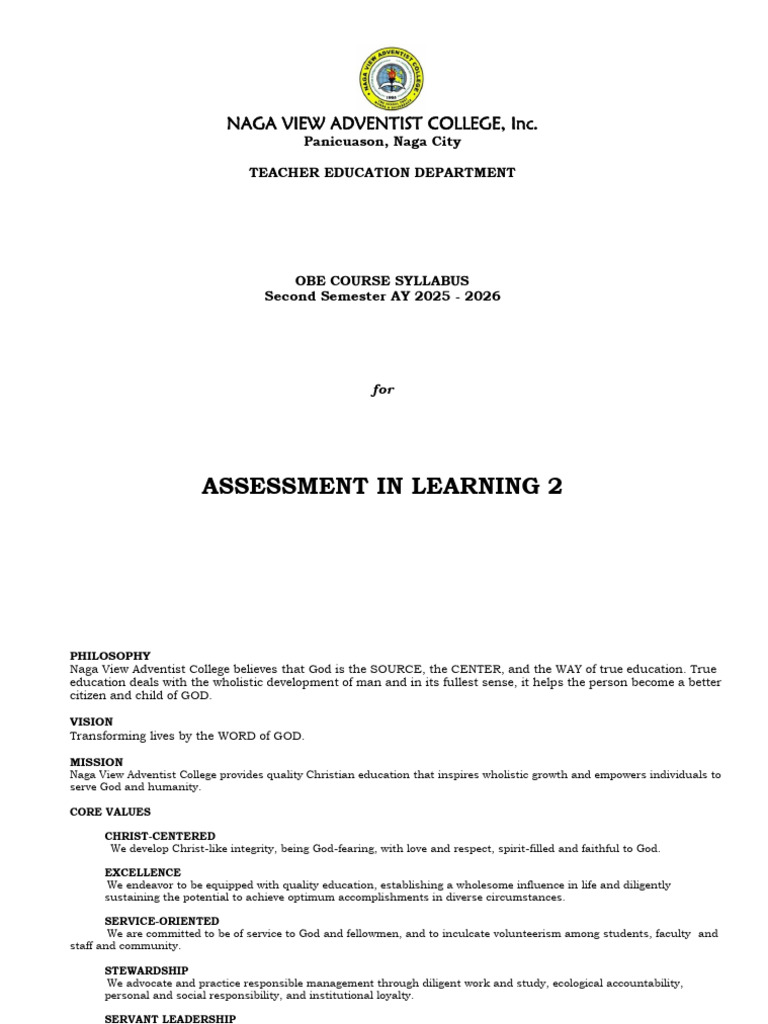 Assessment in Learning 2 Syllabus | PDF | Educational Assessment | Learning