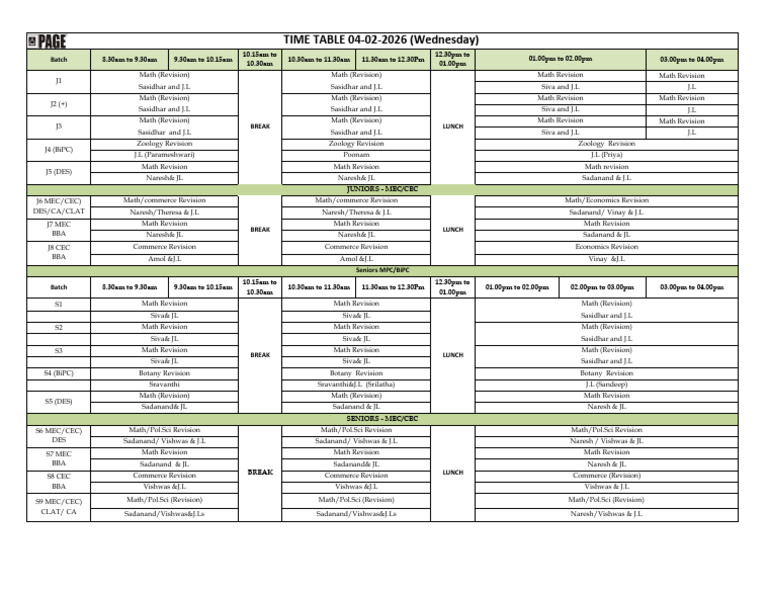 Time Table JR & SR 04-02-2026 | PDF