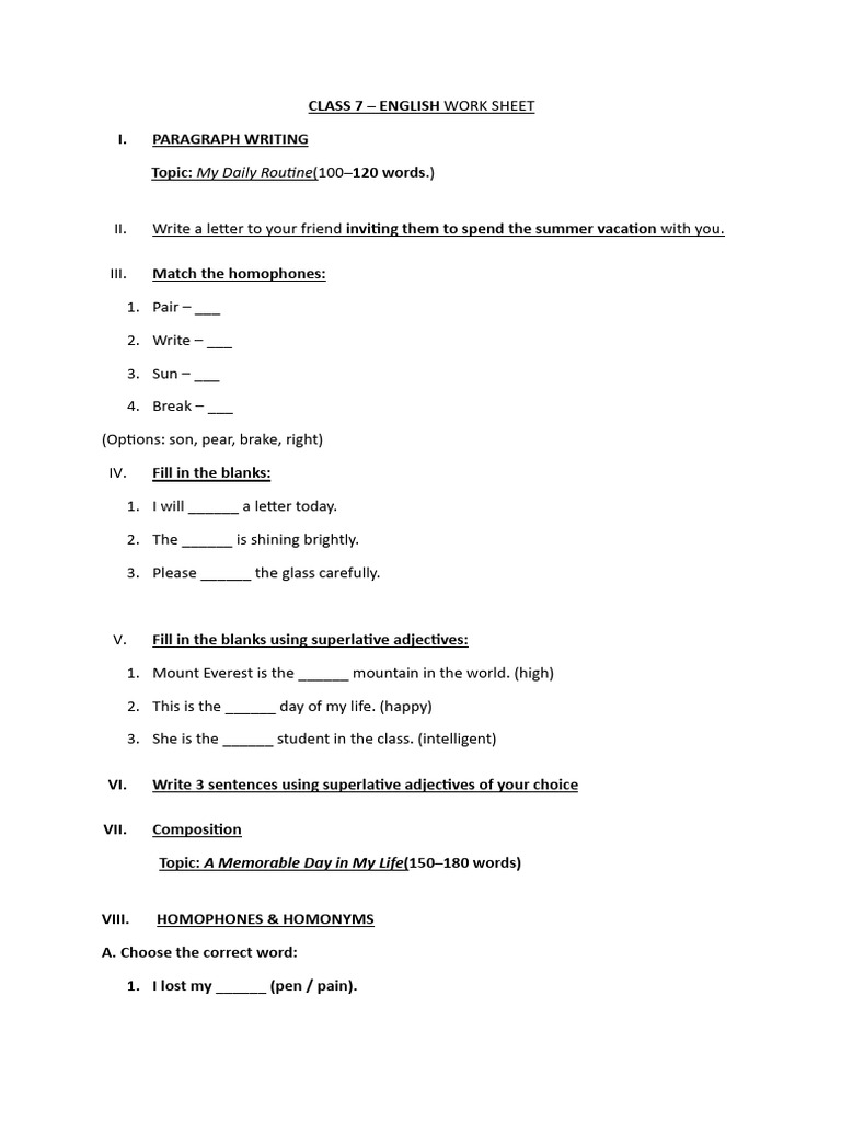 Class 7 Work Sheet | PDF