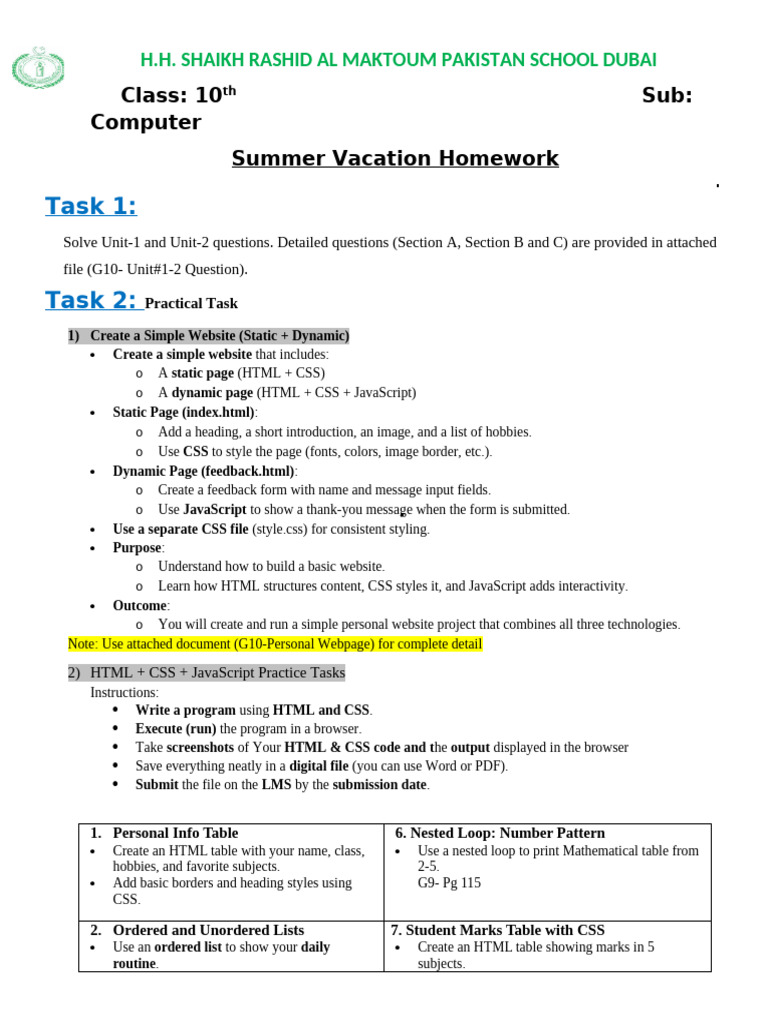 Computer - G10 - Summer Vacation HW-2025 | PDF | Html Element | Html