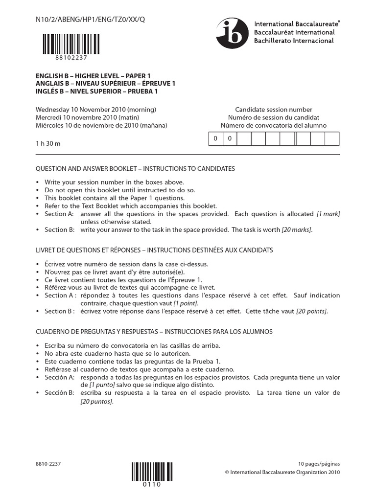 English B Paper 1 Question Booklet HL | PDF