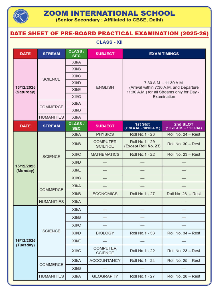 Pre-Board Practical Date Sheet (2025-26) - Revised | PDF