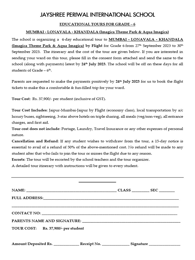 Grade 6th - Consent Form - Jpis - 2023-24 - Mumbai - Lonavala ...