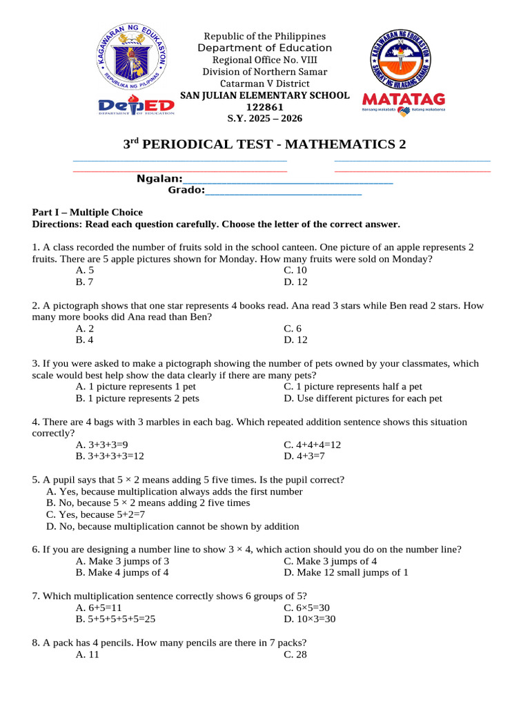DTC - PT - Q3 MATH 2 MATATAG With TOS KEY | PDF | Multiplication ...