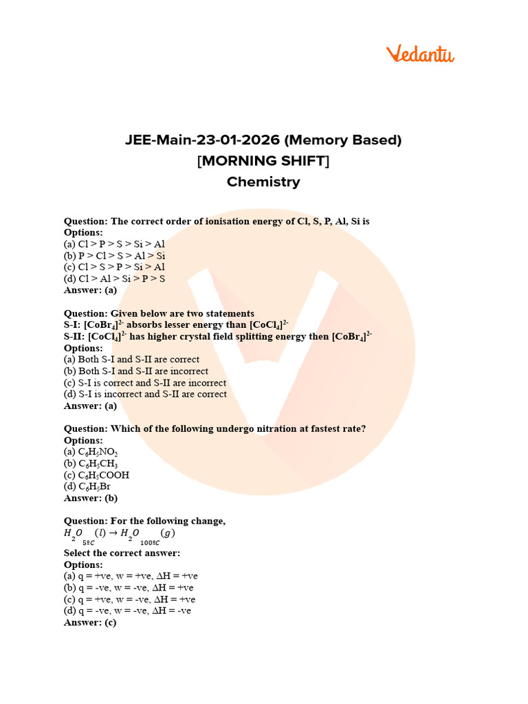JEE Main 2026 Jan 23 Shift 1 Chemistry Question Paper Analysis FREE PDF ...