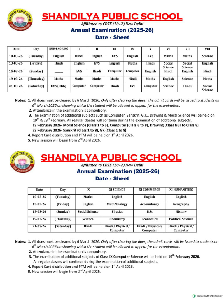 Datesheet Annual Exam 2025-26-1 | PDF