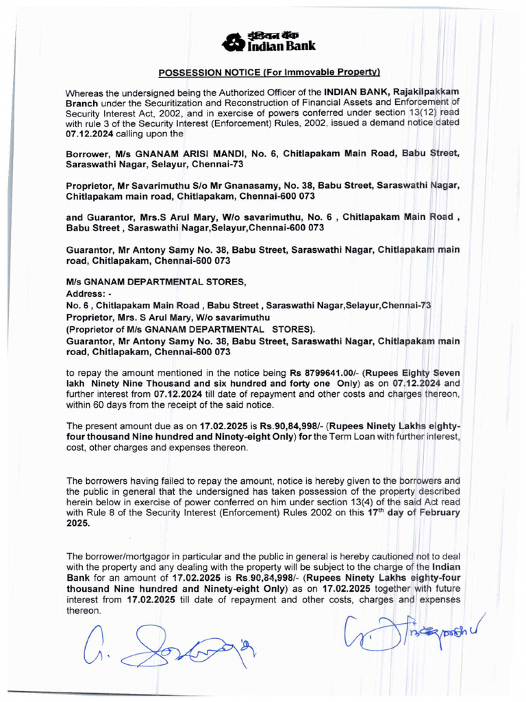 Possession Notice Gnanam | PDF