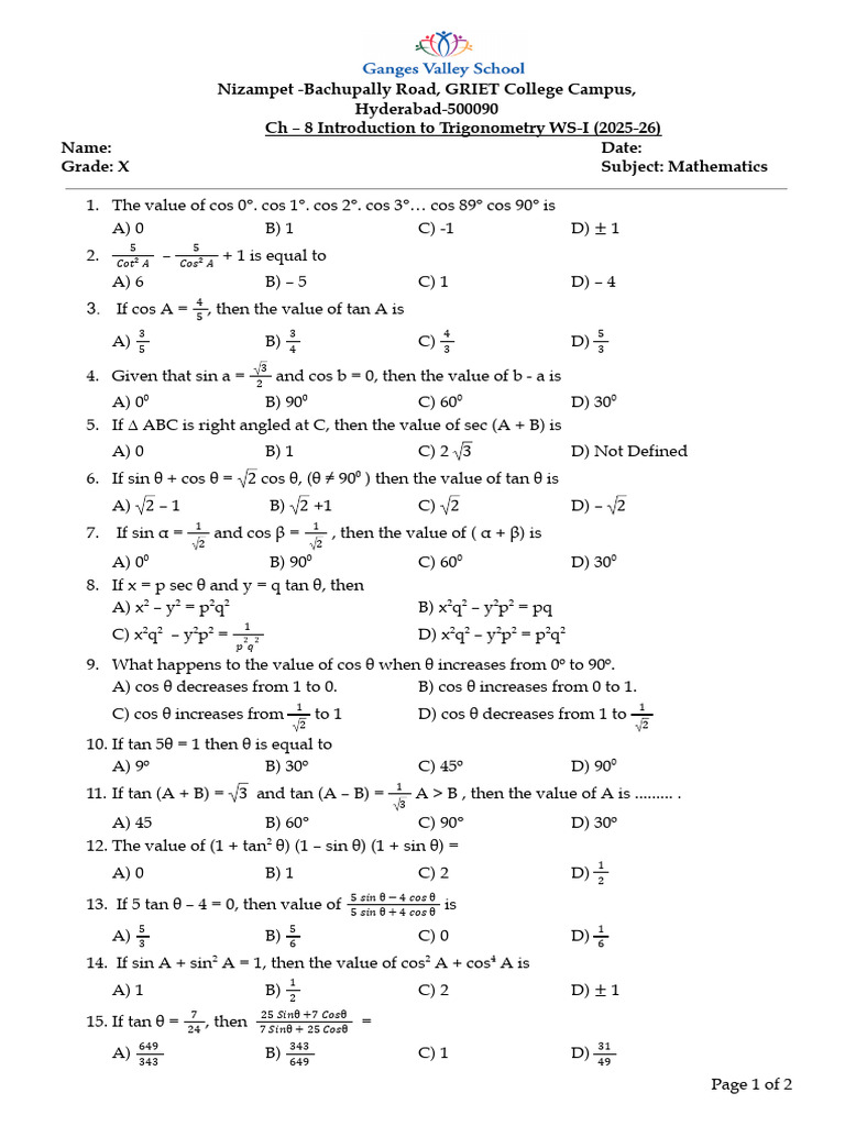 Ch-8 Introduction To Trigonometry WS-1 | PDF | Chess Theory | Trigonometry