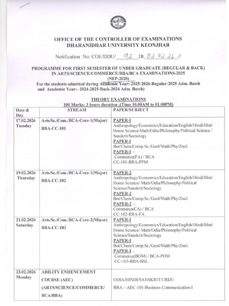 UG 1st Sem - Exam Prog (R & B NEP) 2025 | PDF