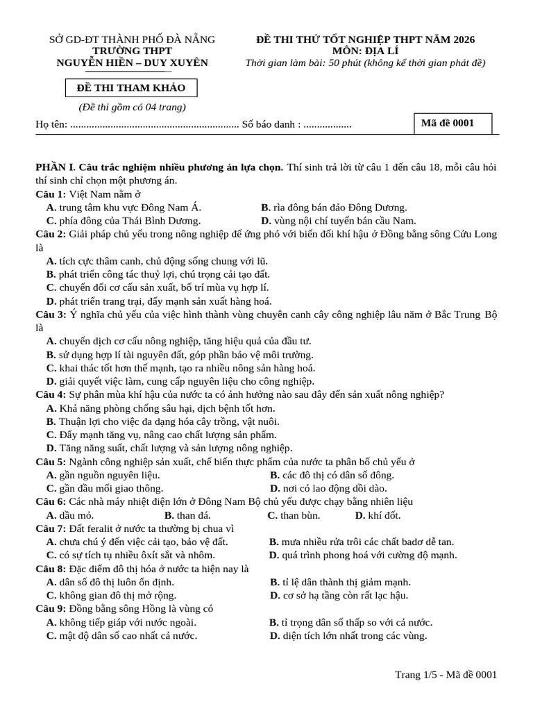 De Va Dap An - 0001 - THPT Nguyen Hien - Duy Xuyen | PDF