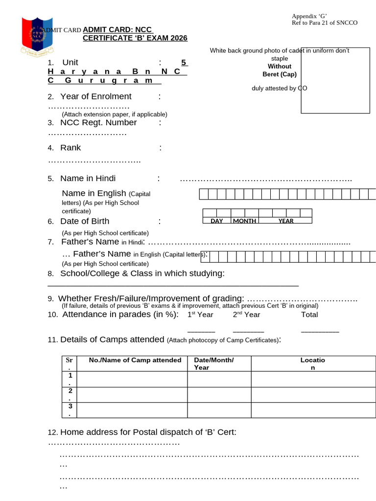 NCC AMIT CARD B CERT EXAM Admit Card 5 HR BN NCC Gurugram | PDF | Chess ...