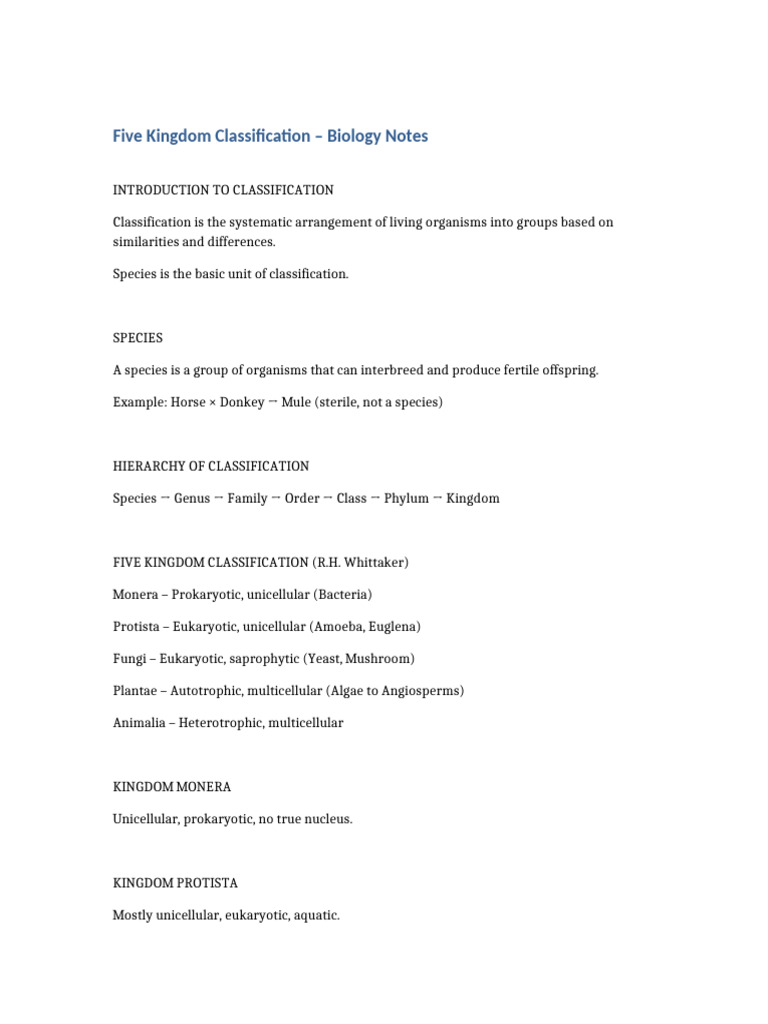 Five Kingdom Classification Notes | PDF