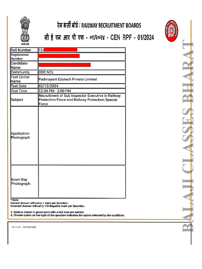 RRB RPF Si 2024 Official Paper With Answer Keys | PDF