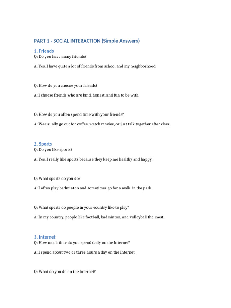 PART1 Social Interaction Simple Answers | PDF