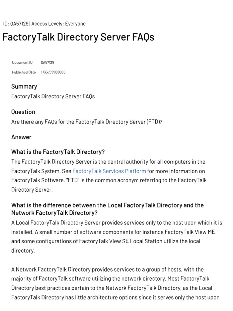 FactoryTalk Directory Server FAQs | PDF | Server (Computing) | Implied ...