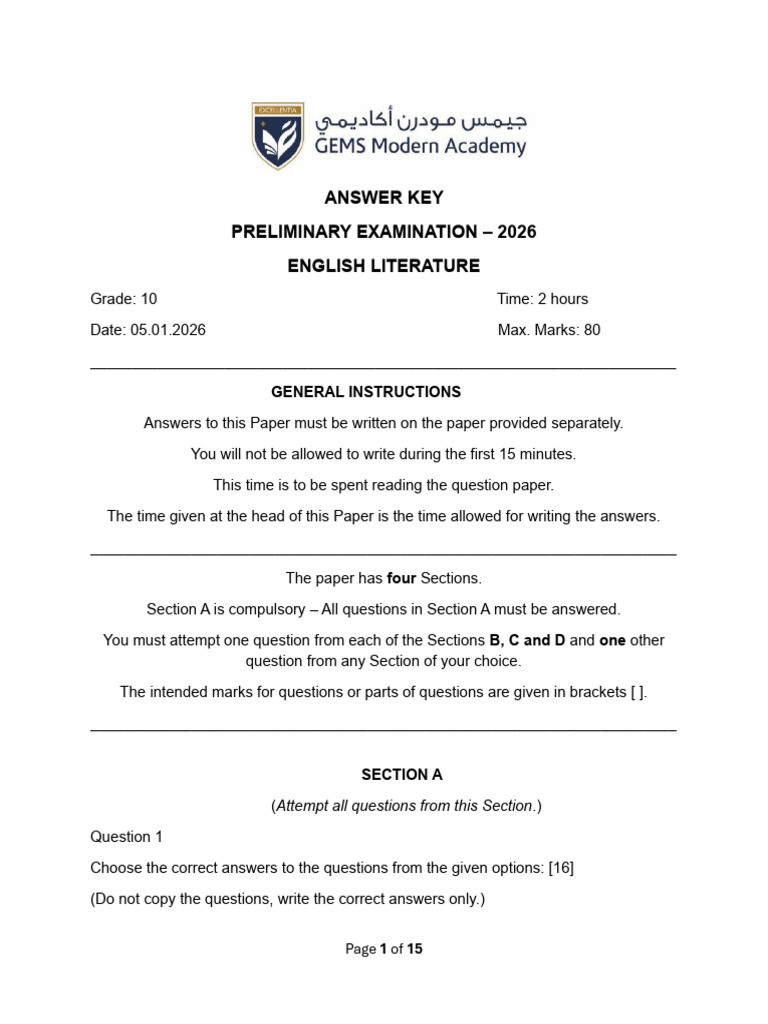 ANSWER KEY Updated Final - Grade 10 Prelims 2026 | PDF | Julius Caesar ...