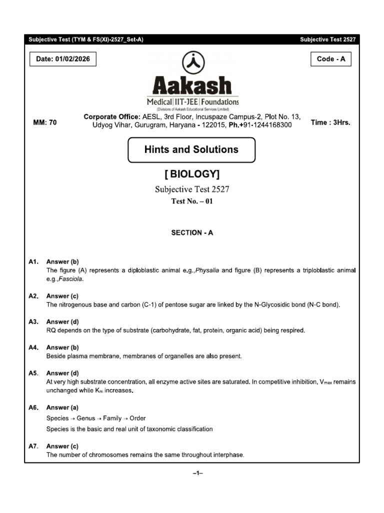 TYM+FS Sub Test Biology Code-A Sol | PDF