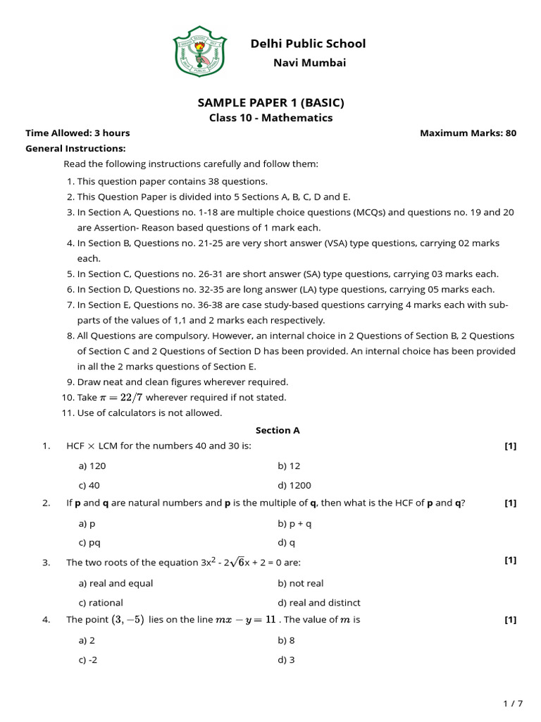 Class 10 Basic Mathematics Sample Paper 1 | PDF | Area | Quadratic Equation