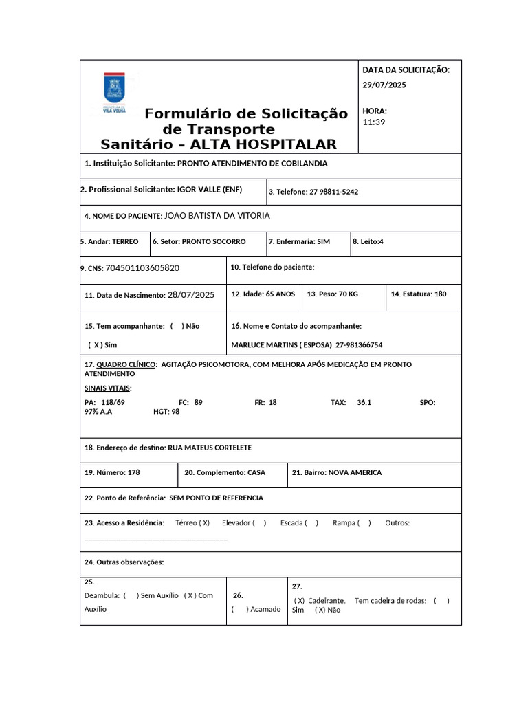 Formulário - Alta Hospitalar | PDF