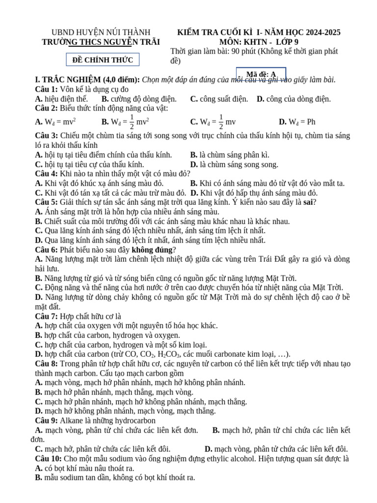 De Cuoi Hoc Ki 1 Khtn 9 Nam 2024 2025 Truong Thcs Nguyen Trai Quang Nam ...