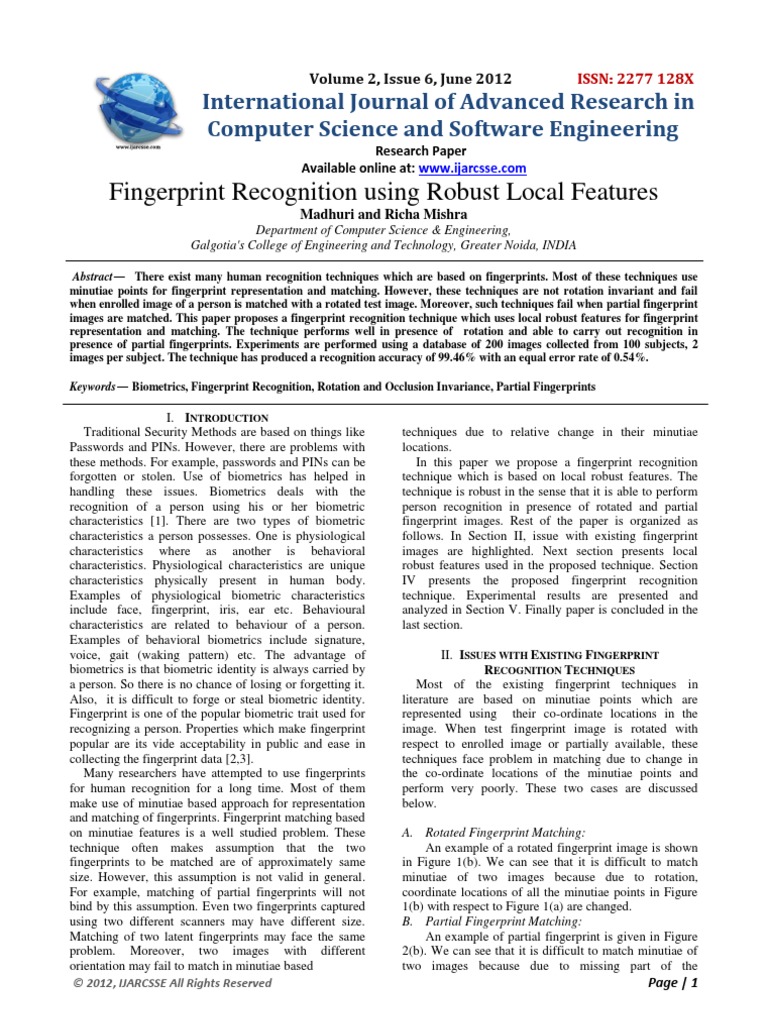 Fingerprint Recognition Using Robust Local Features | PDF | Areas Of ...