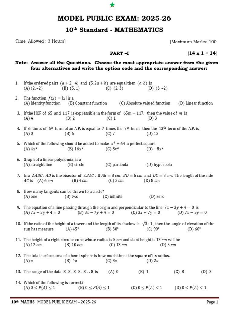Model Public Exam.2026 EM | PDF | Mathematics | Elementary Geometry