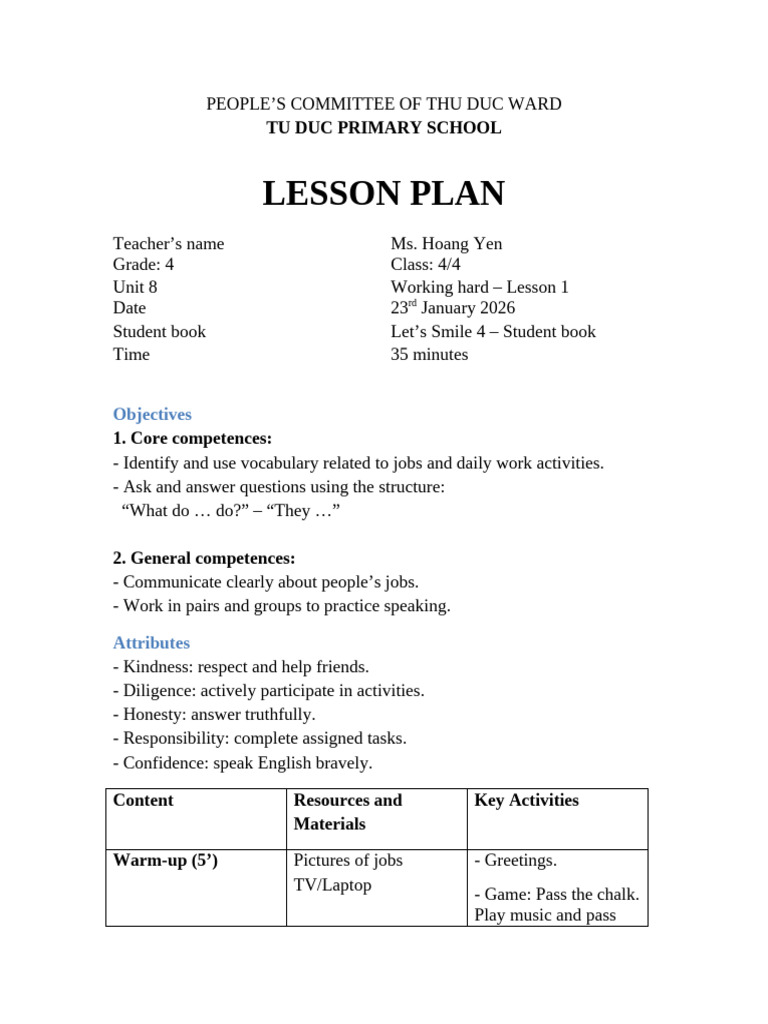 Lesson Plan Working Hard Lesson 1 | PDF | Human Communication | Learning