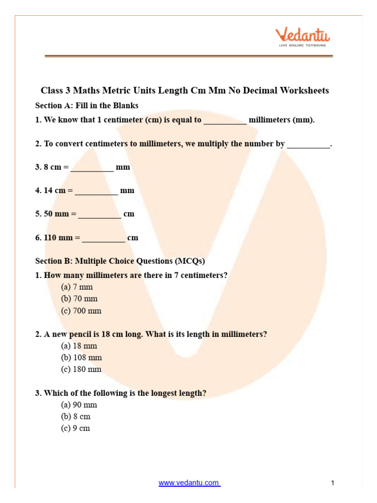 Class 3 Maths Metric Units Length Worksheet - Convert CM & MM | PDF