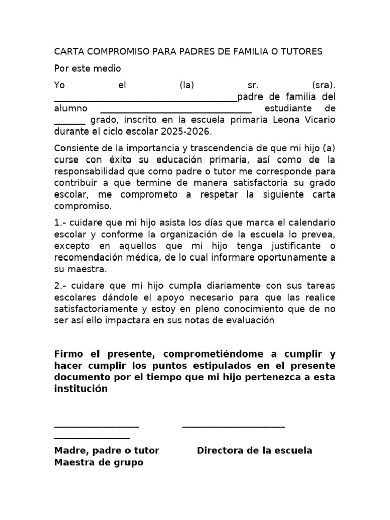 Carta Compromiso para Padres de Familia o Tutores | PDF