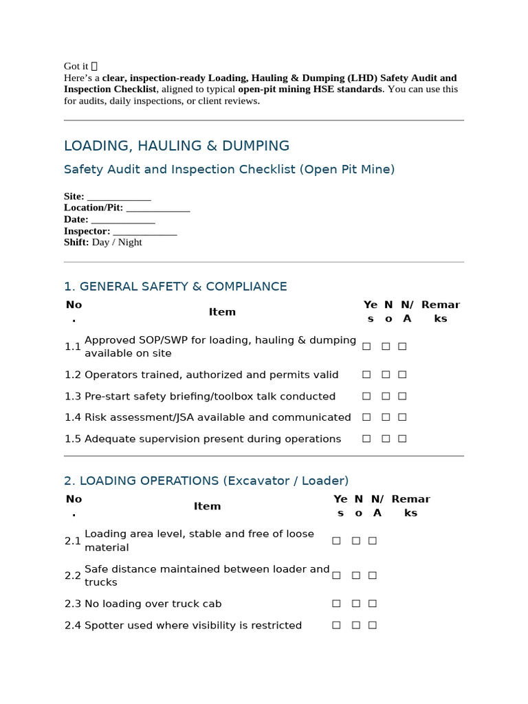 Loading Hauling and Dumping Audit Checklist | PDF | Transport | Safety