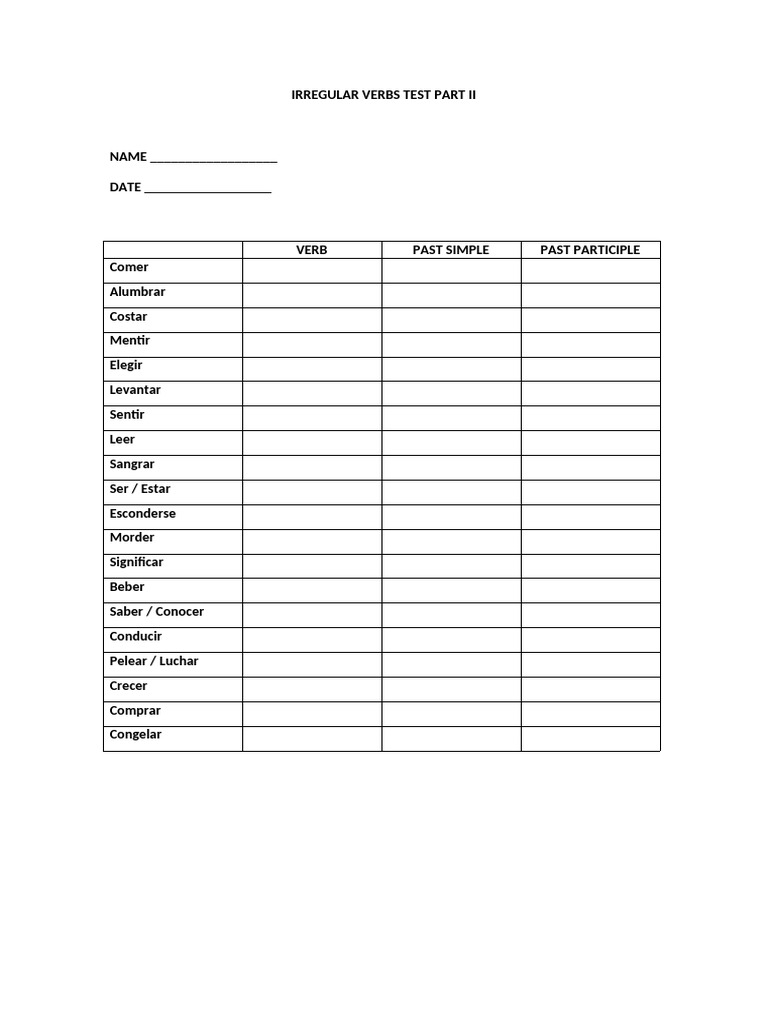Irregular Verbs Test Part II | PDF