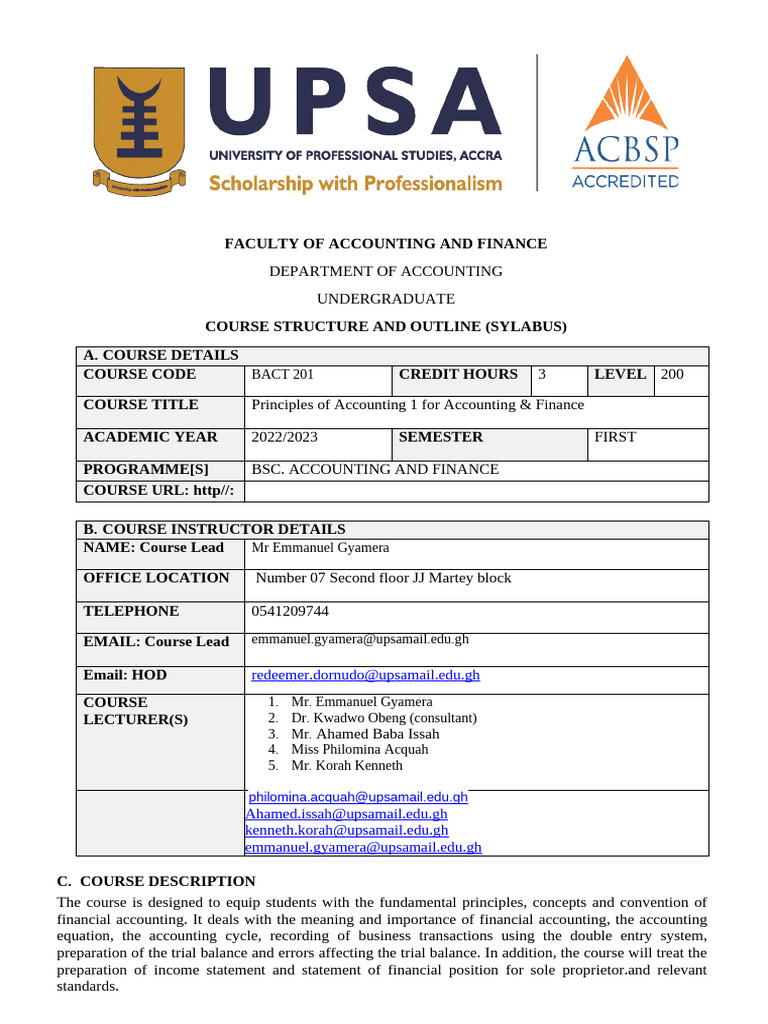Principles of Accounting Course Outline | PDF | Bookkeeping | Financial ...
