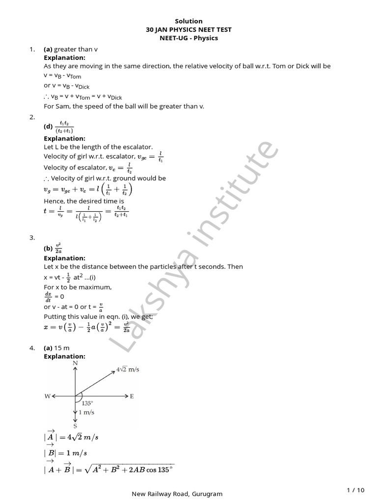 30 Jan 2026 Neet Test Phy Sol Key | PDF | Acceleration | Force