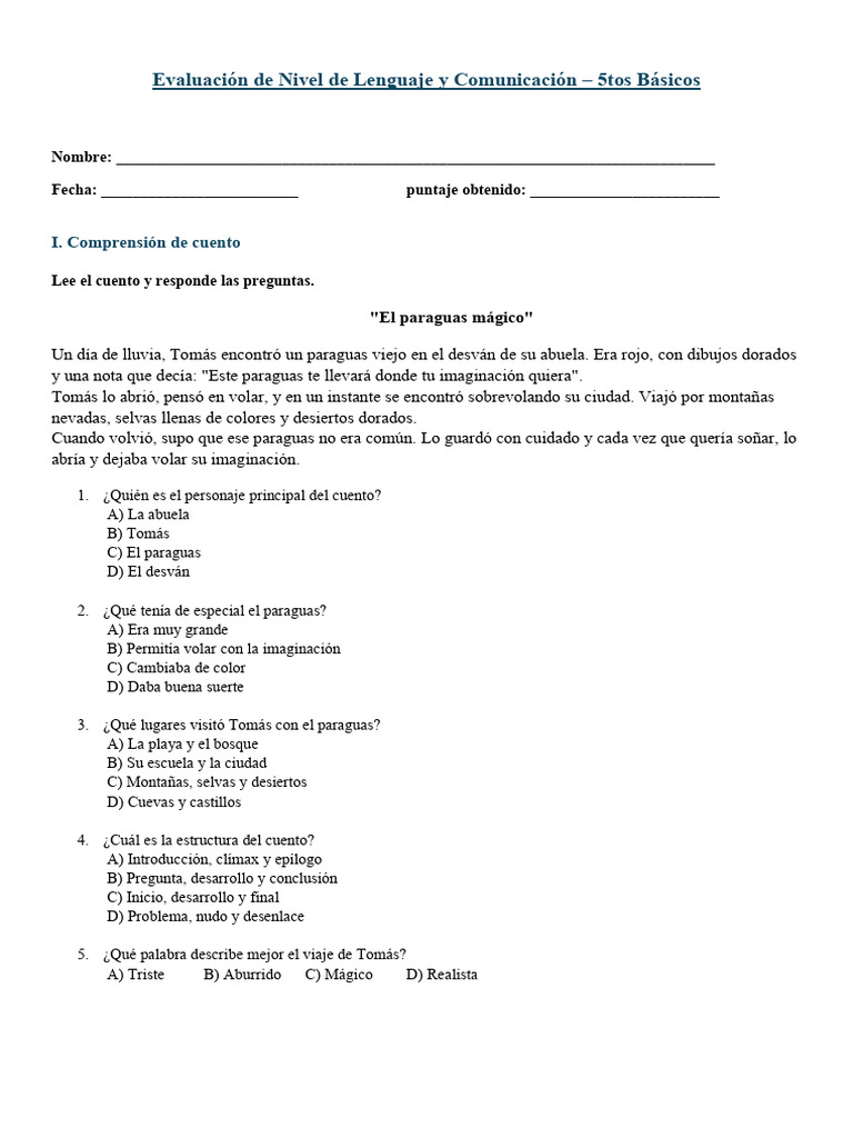 Evaluación de Lenguaje y Comunicación - 5° Básico | PDF