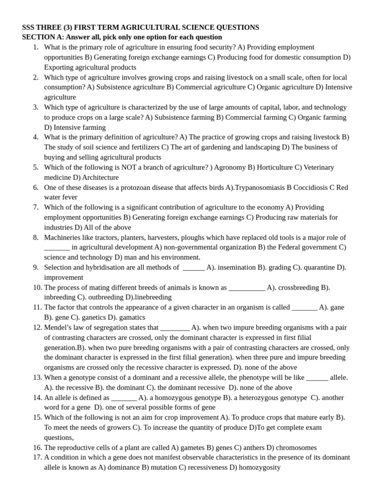 SSS3 First Term Agricultural Science Examination Questions | PDF ...