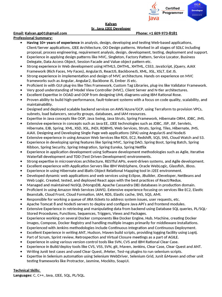 Kalyan Sr Java J2EE Developer 10+ Years (1) | PDF | Spring Framework ...