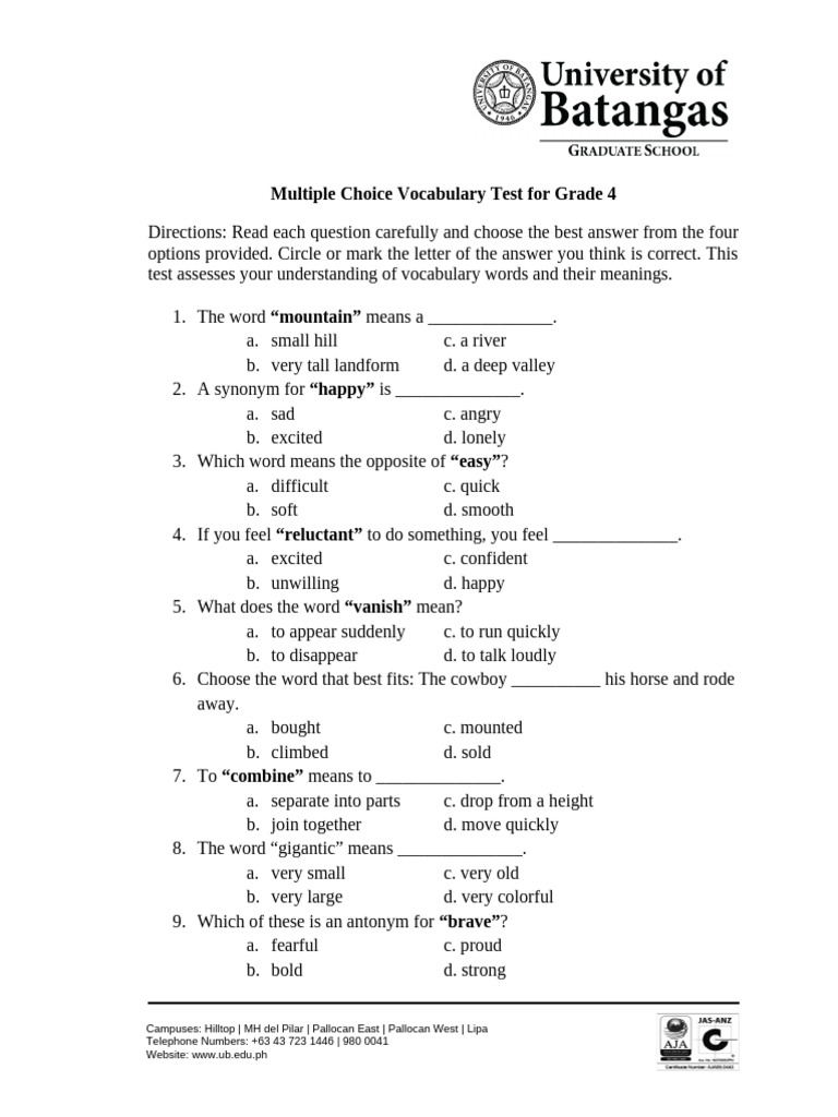 Standardized Test For Grade 4 | PDF