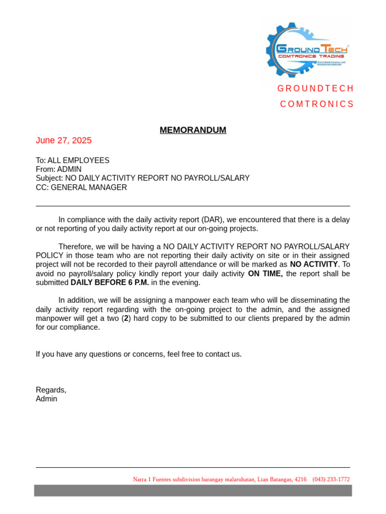 No Dar No Payroll Memorandum | PDF