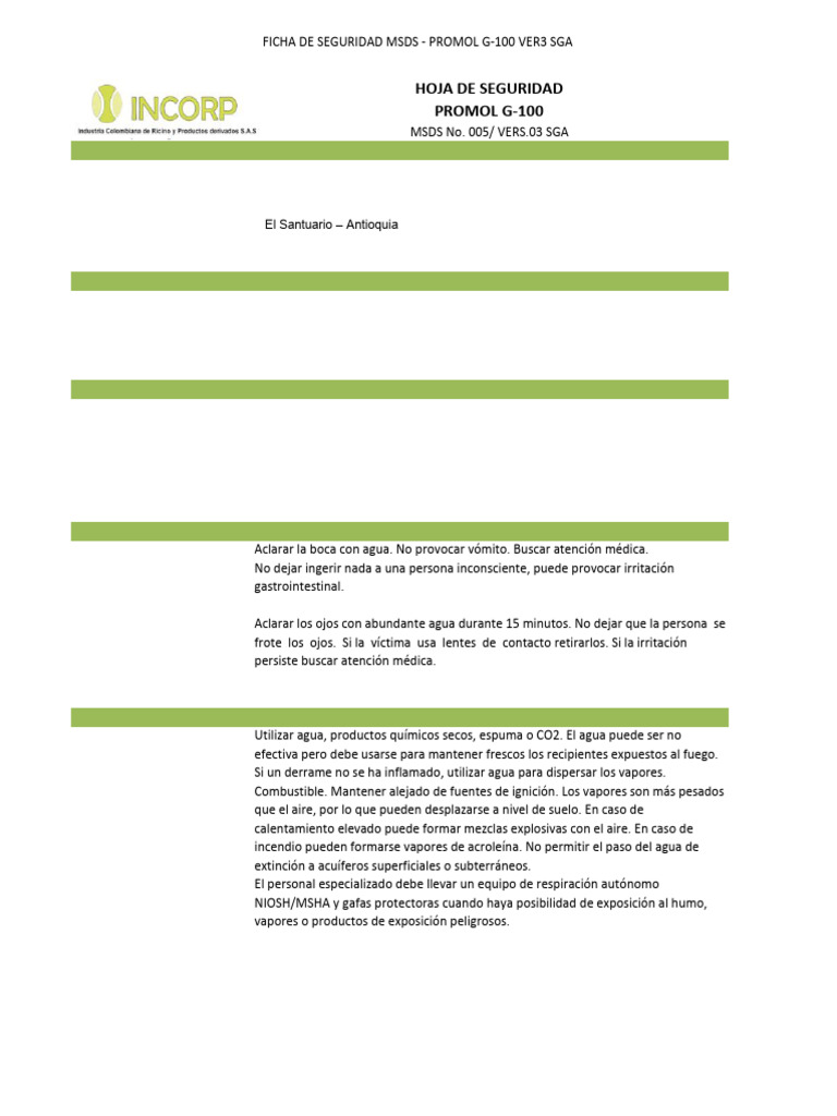 Ficha de Seguridad Msds - Promol G-100 Ver3 Sga2 | PDF | Compuesto ...
