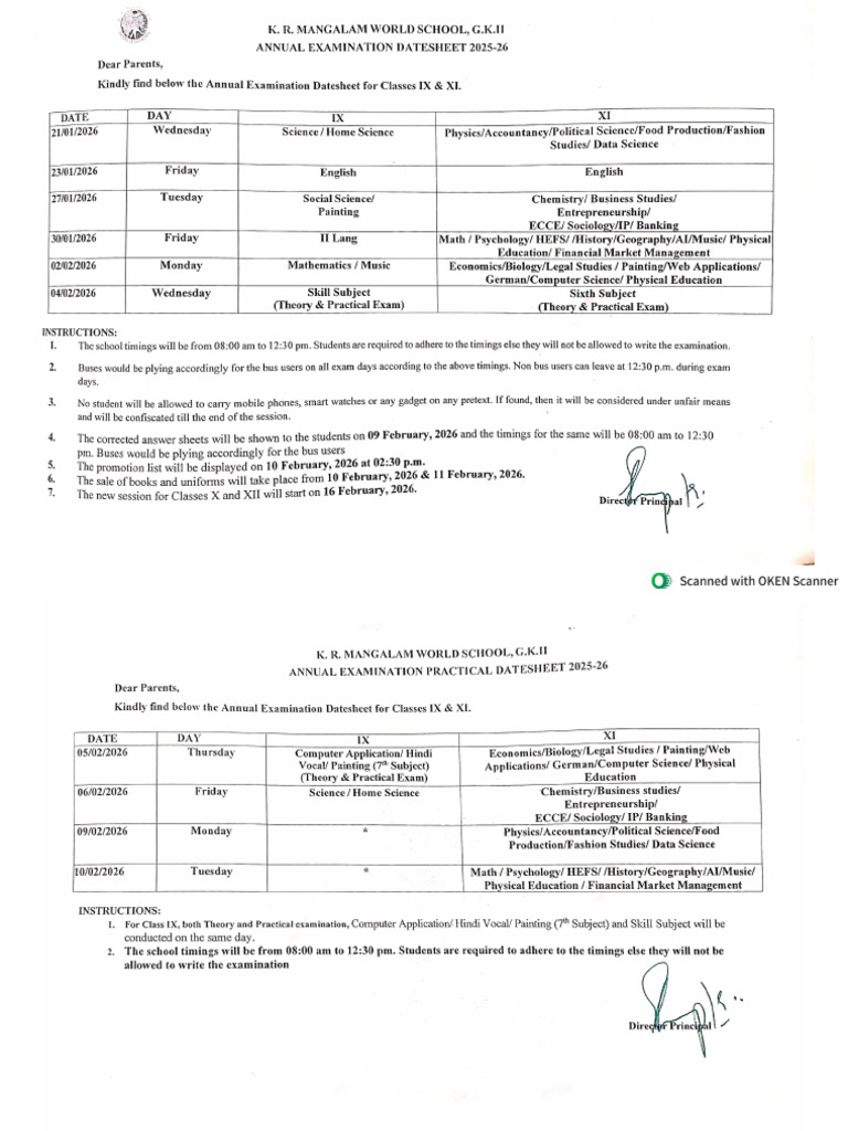 Classes 9 and 11 Annual Examination Datesheet - Copy | PDF