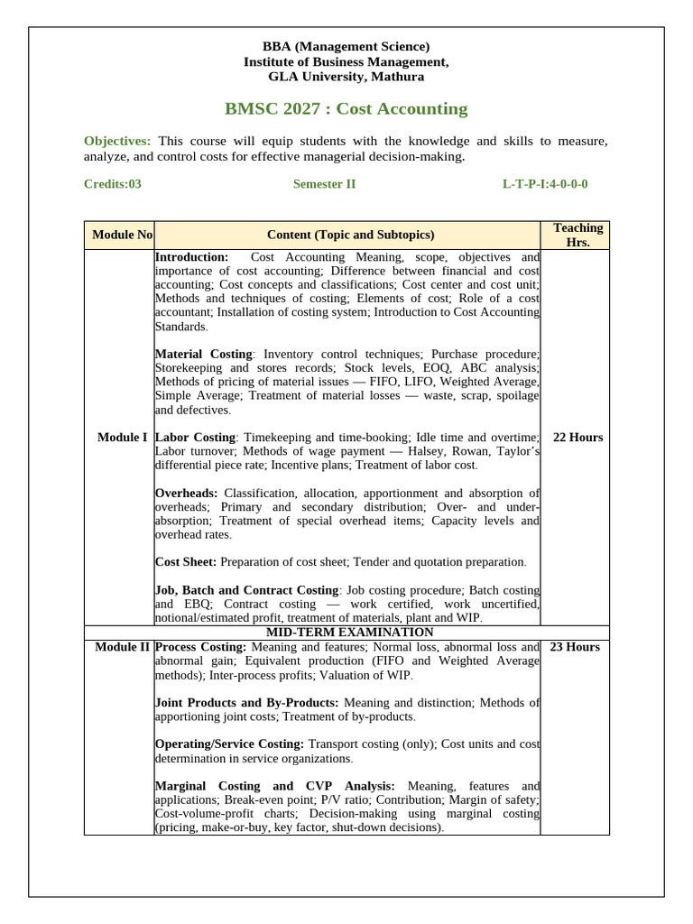AACSB Syllabus BBA (MS) Cost Accounting (2) | PDF | Cost Accounting ...