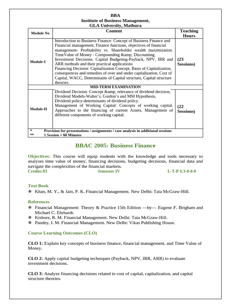 BBA - II - BBAC 2005 - Business Finance | PDF | Capital Budgeting ...