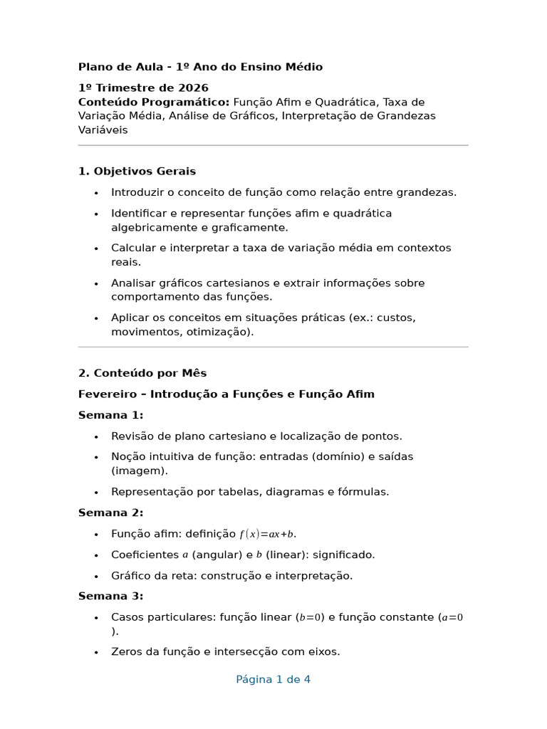 Plano de Aula 1 Ano 2026 | PDF | Função (Matemática) | Cálculo