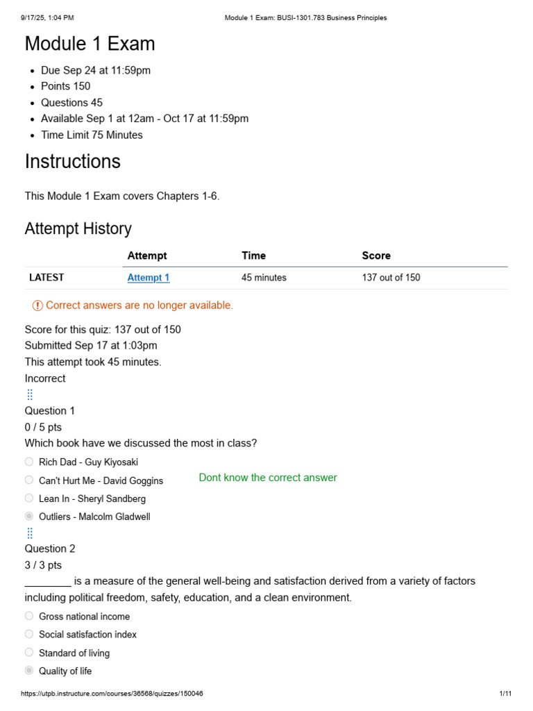 Module 1 Exam - BUSI-1301.783 Business Principles - With Answers | PDF ...