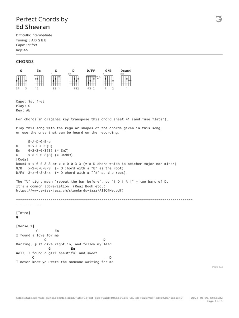 Perfect Chords by Ed Sheerantabs at Ultimate Guitar Archive | PDF ...